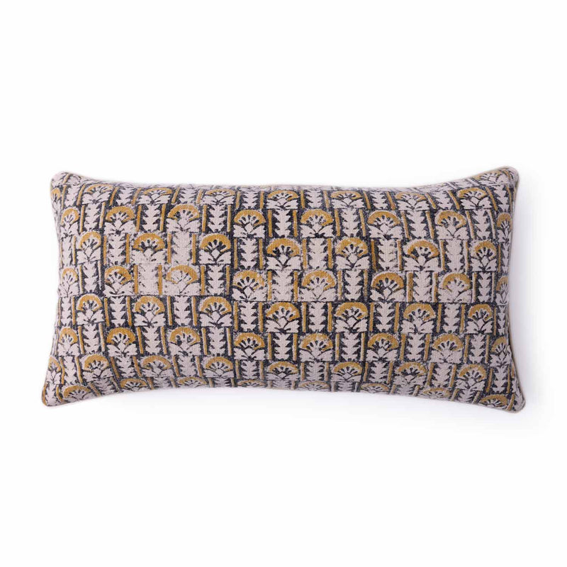 Bouqet Block Printed Cotton Lumbar Cushion Cover with Dori Piping