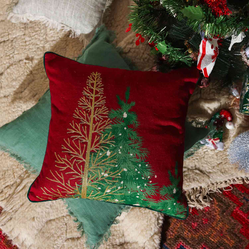 X-Mas Tree Digital Printed & Embroidered Cotton Linen Cushion Cover