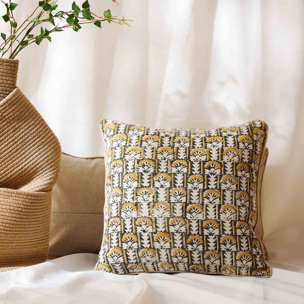 Bouqet Block Printed Cotton Cushion Cover with Dori Piping